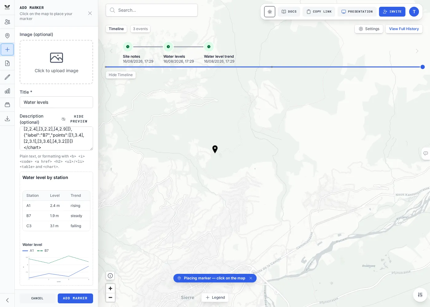 The Add Marker panel with the description Preview toggled on, rendering a table and a chart below the text box.