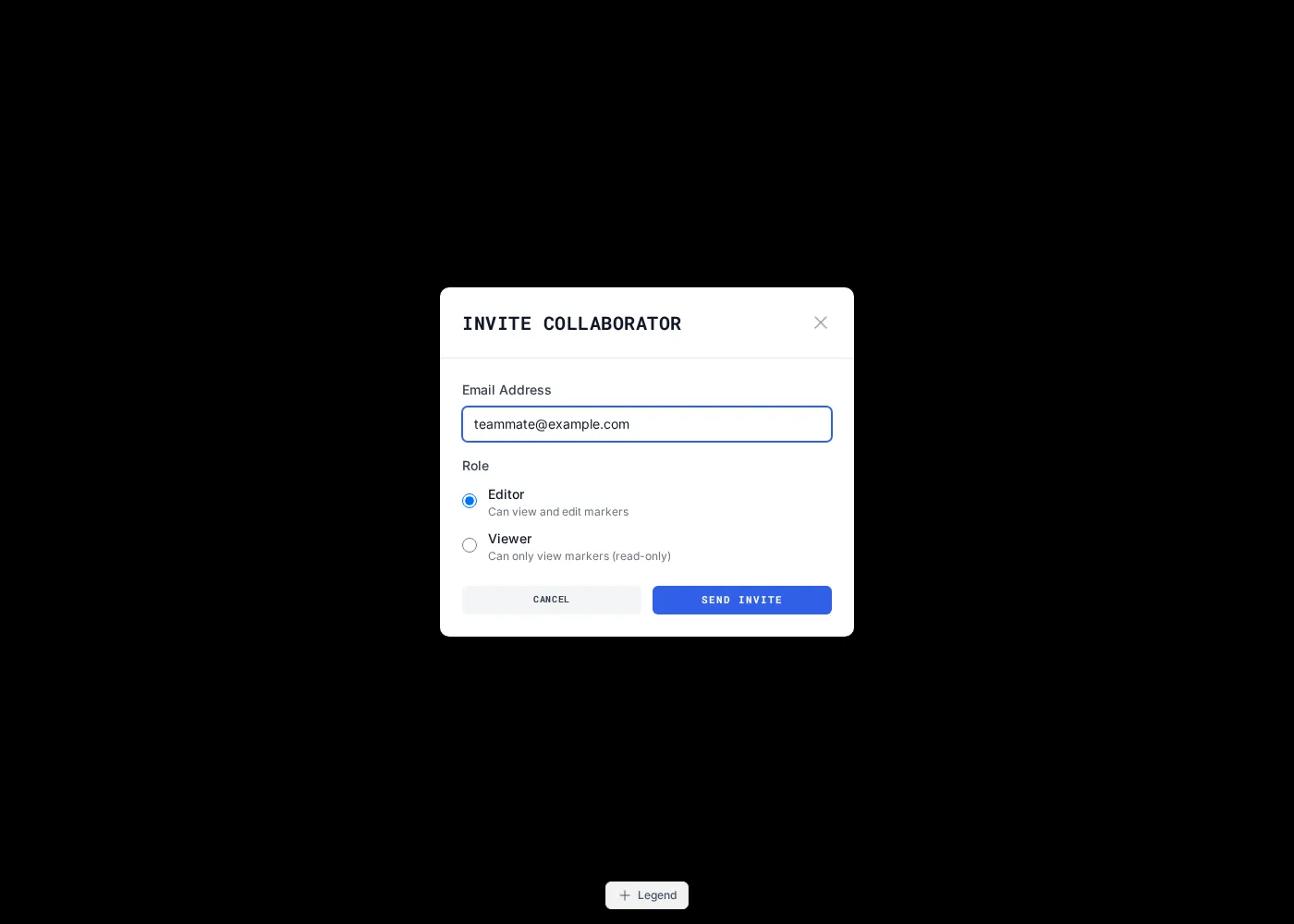 The Invite Collaborator modal with the Editor role selected.