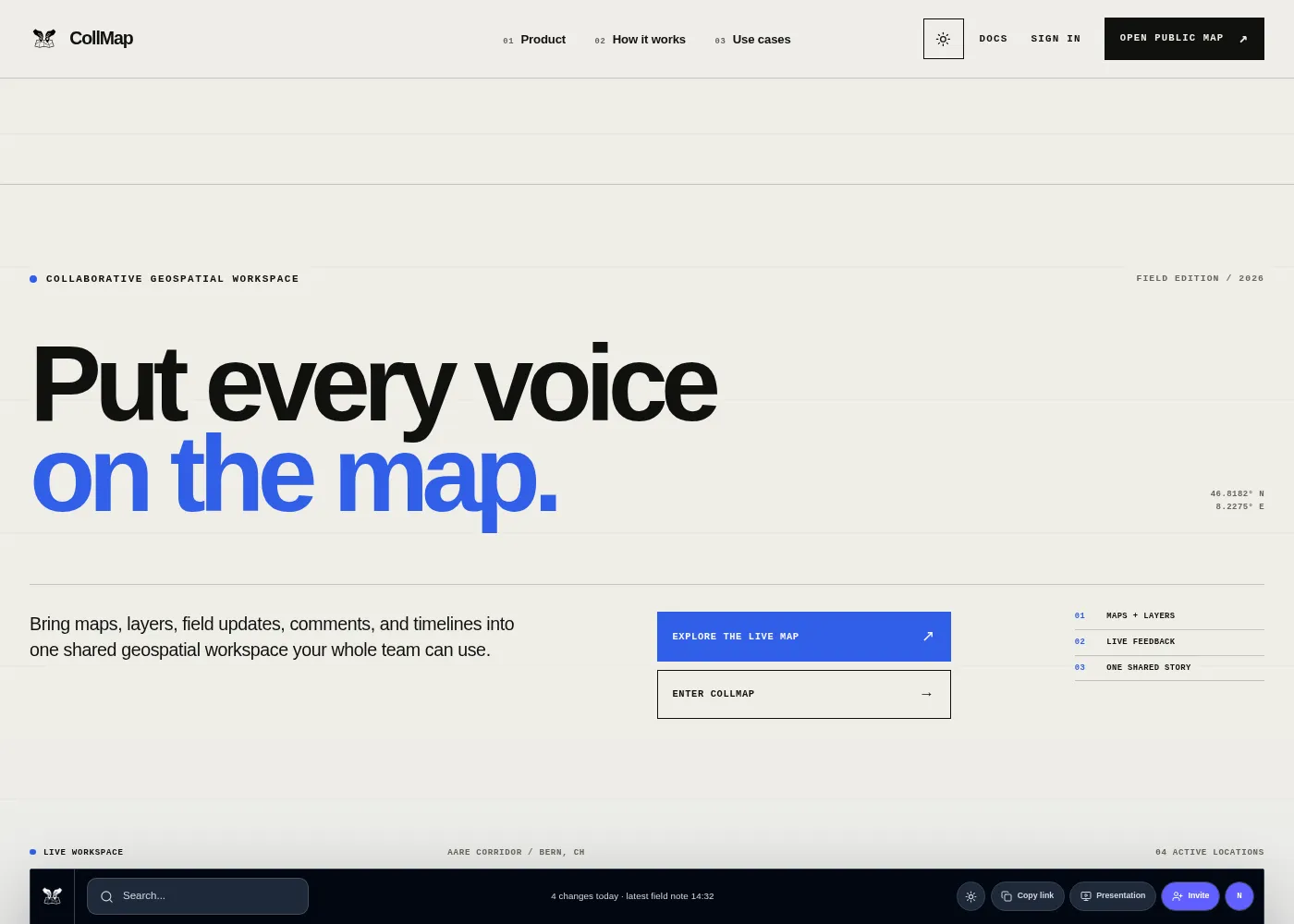 The CollMap landing page with Get Started and Login buttons.