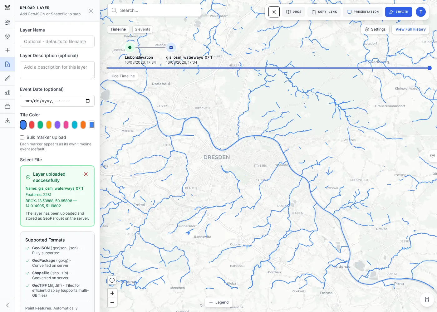 The map after uploading a waterways shapefile, with the lines rendered.