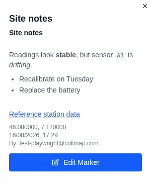 A marker popup showing a heading, bold and italic text, an inline code snippet, a bulleted list, and a link.