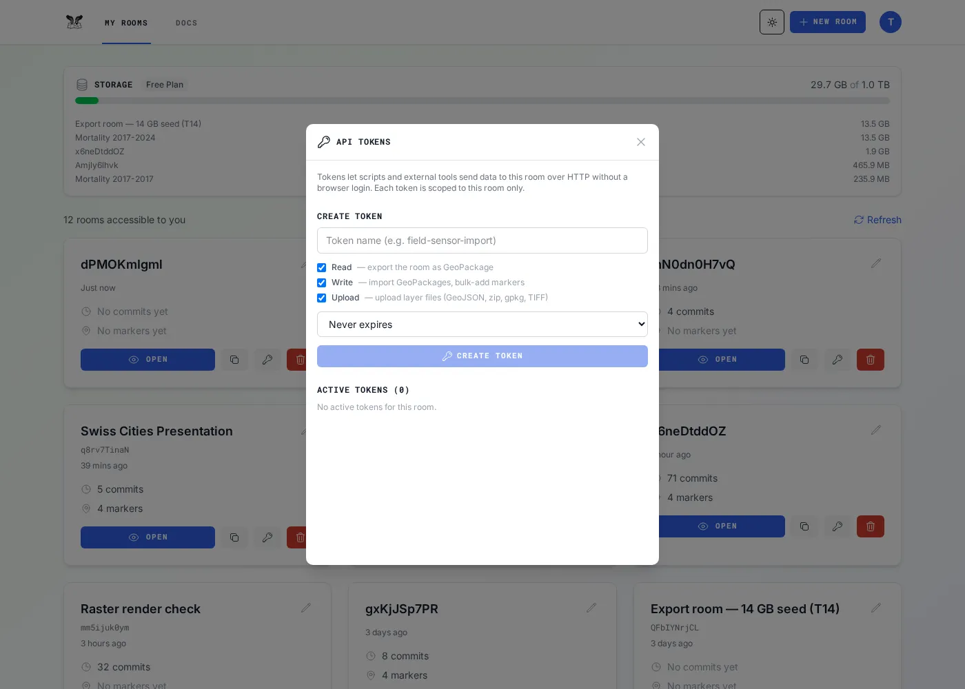 The room API Tokens modal opened from a room card.