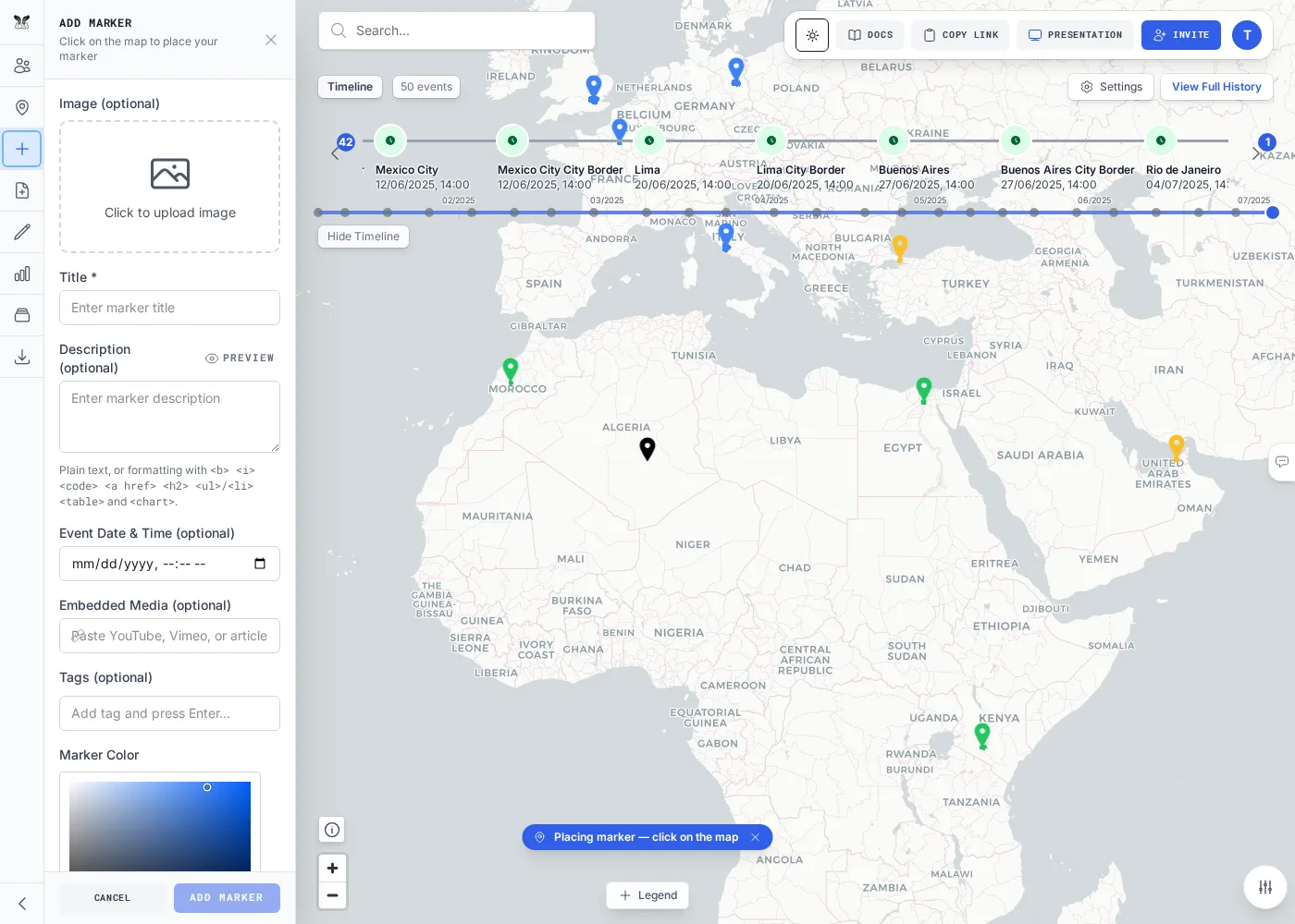 The Add Marker form with a pending pin on the map.