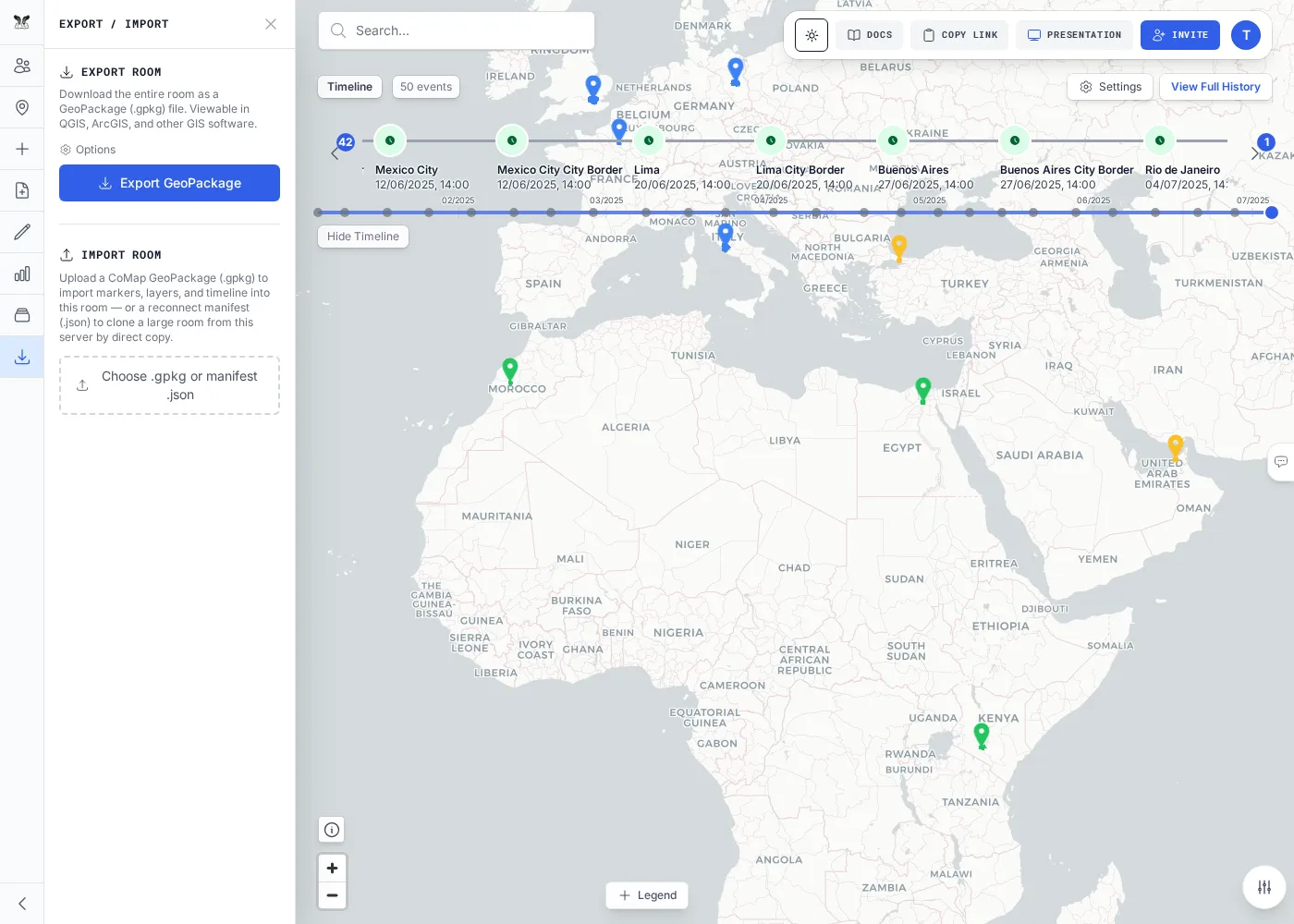 The Export / Import panel with GeoPackage export options and a room import drop-zone.