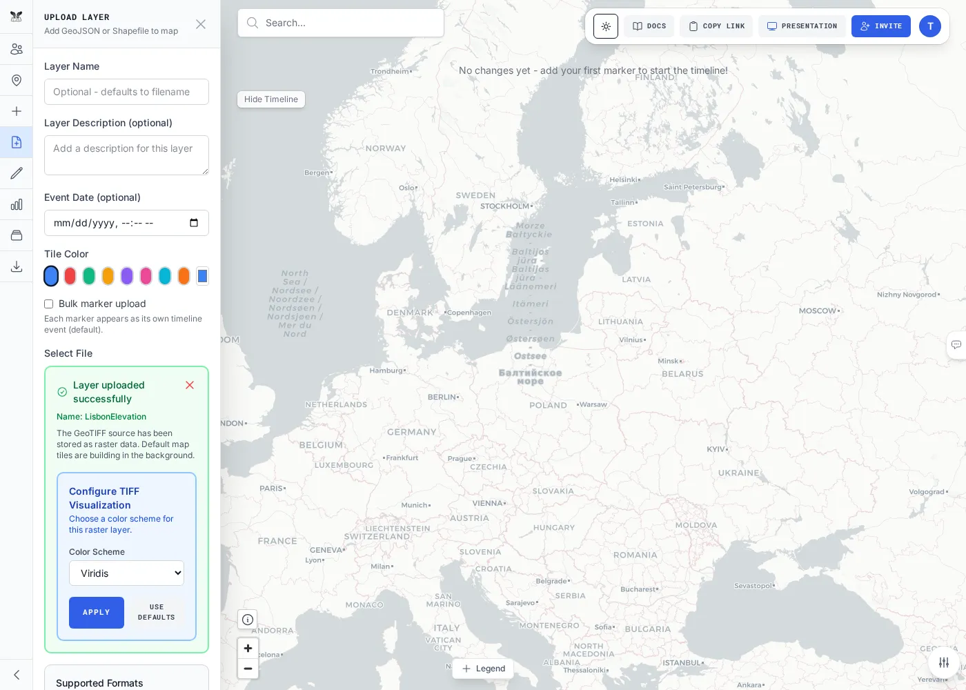 The GeoTIFF band selector: a single-band raster with a band chooser and colormap picker.